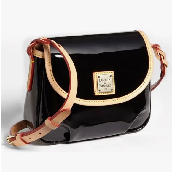 Dooney & Bourke Handbags - Dooney & Bourke Black Patent Mini Crossbody Bag Vachetta Trim Purse